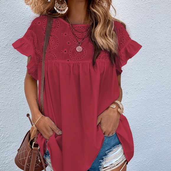 Bellanblue Tops - Boho Floral Embroidered Ruffle Oversized Top red
